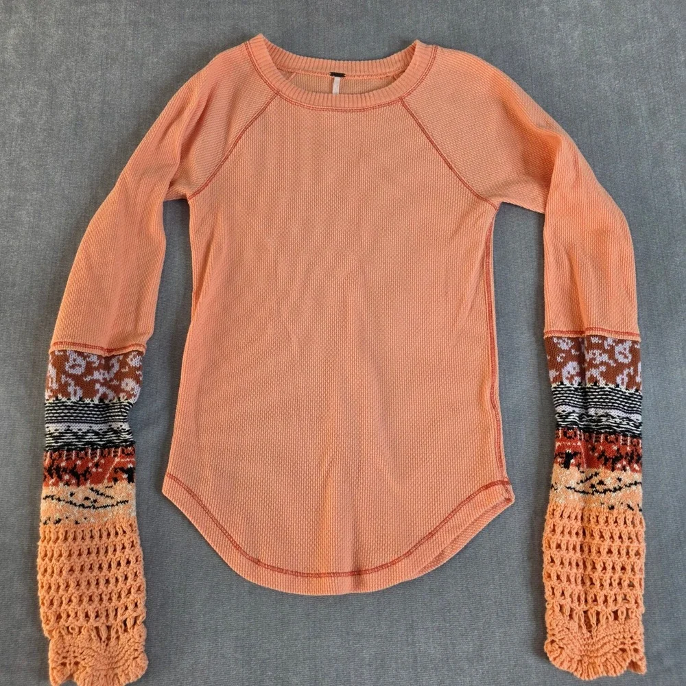 Free People Kombucha Cuff Thermal Top S Peach Waffle Knit Crochet Sleeve ASO TVD